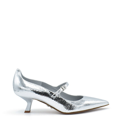 Carlott4 Silver - Reptile embossed leather mary jane pumps